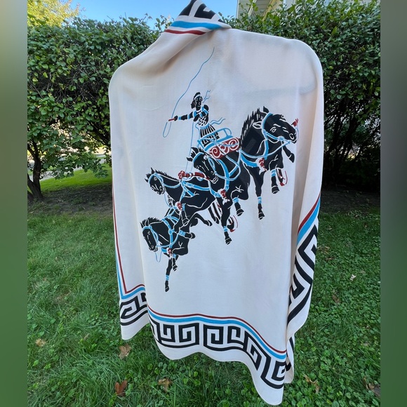 Vintage Chariot Scene Crepe Silk Scarf | Cohama | Charioteer Warrior | 33”x38.5” - Picture 15 of 17